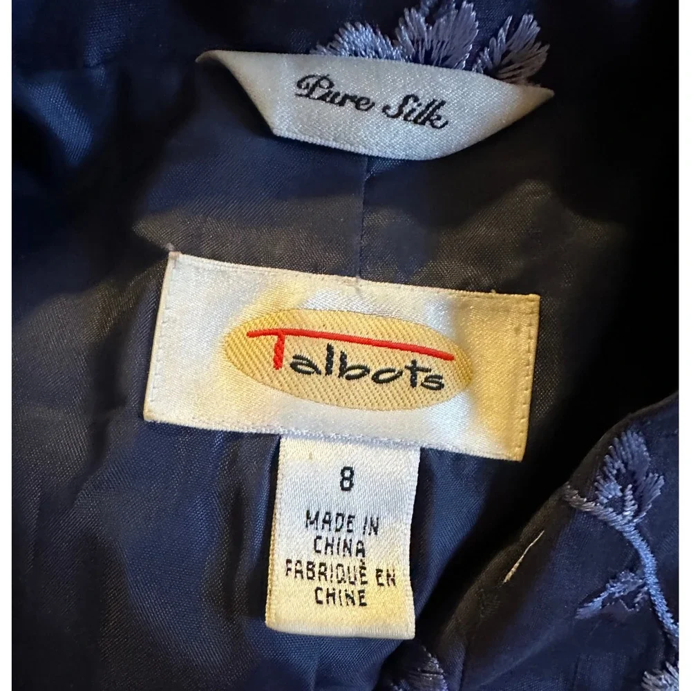 Talbots Petites Navy Pure Silk Floral Embroidered Blazer Pants Suit Set Sz‎ 8P